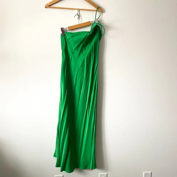 MANGO Asymmetrical Satin Effect One Shoulder Long Dress Green Size Small - Picture 11 of 16